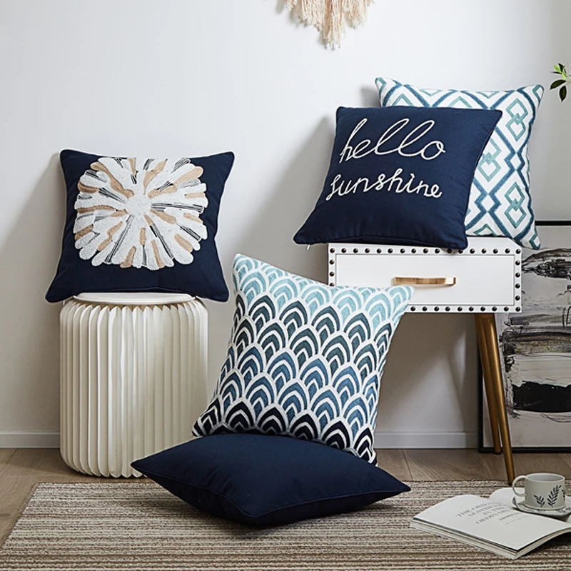 

Navy Cushion Cover 45x45cm Floral Pillow Cover Yellow Home decoration for Living Room Bed Room Hello Sushin Hidden zip