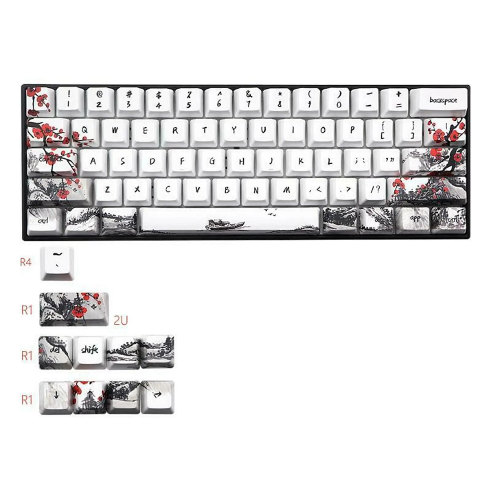 

71 Keys Wangjiang Plum Blossom Keycap Dye Sublimation OEM For GH60 GK61 GK64 Novelty Allover Dye Subbed Plum Blossom Keycaps
