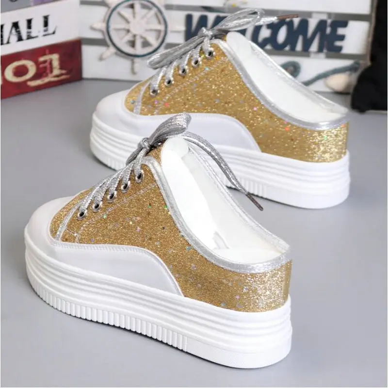 Женская обувь на танкетке украшенная блестками Женские кроссовки платформе 8 см