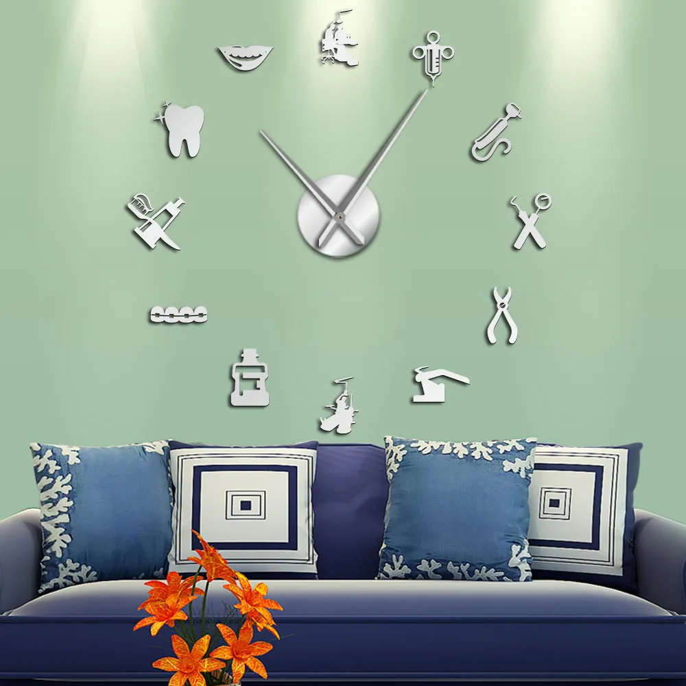 

Dentist Tools Frameless 3D Wall Clock Dental Hospital Room Decor Wall Art Mirror Sticker Watch Clock