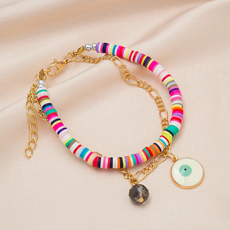

Girls Beach Bohemian Colored Soft Ceramic Multilayer Bracelet Sun Palm Eyes Love Multicolor Accessories Bracelets