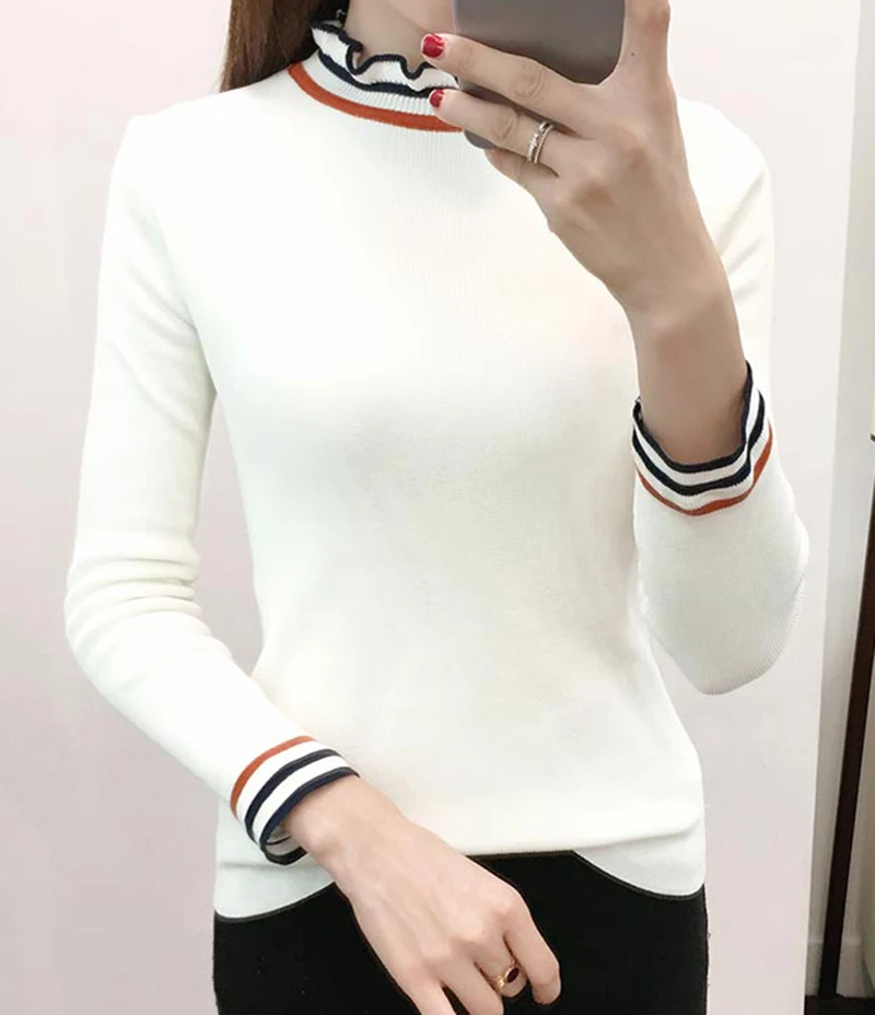 Knitted Women Solid Sweaters And Ruffled Collar Long Sleeve Casual Pullovers Sueter Mujer Tops Winter Sweet Korean Jumper