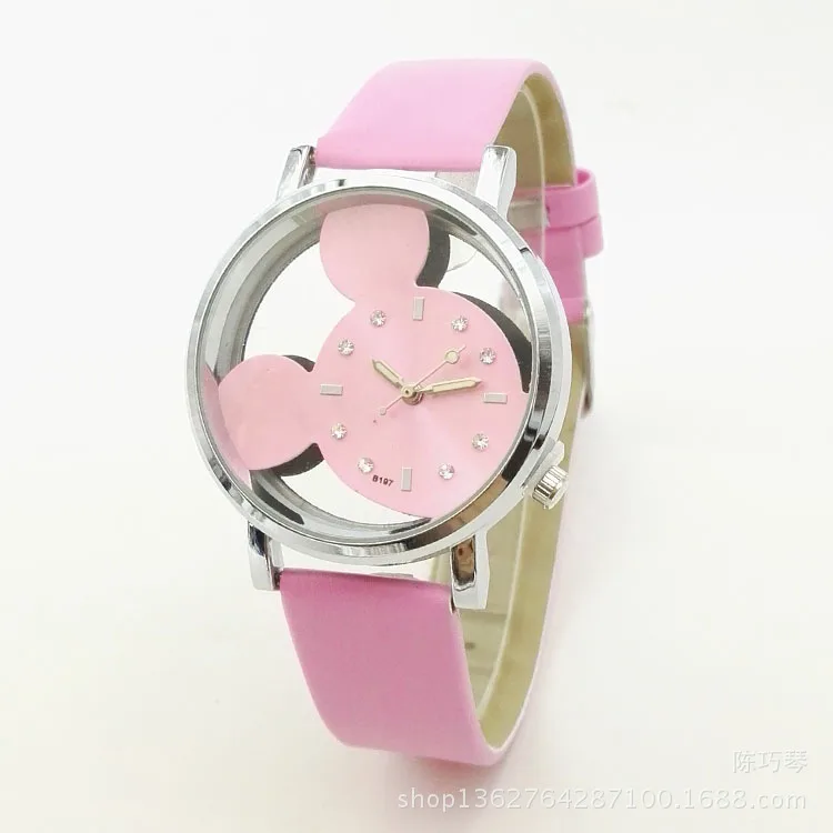 

The New See-through Watch Simple and Cute Mickey Student Watch Ladies Leather Strap Watch Multicolor