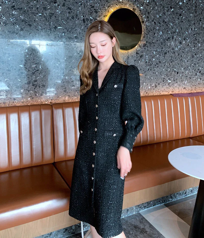 

2021 autumn winter women elegant single breasted pockets v-neck tweed dresses long sleeve female black plaid tweed dress A484