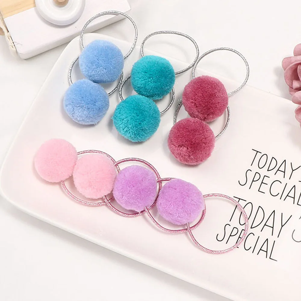 2022 New Hot Sale 1 Pair Cute Furry Pompom Girl Children Sweet Rubber Band Fur Ball Hair Ring Kids Hair Rope Accessories