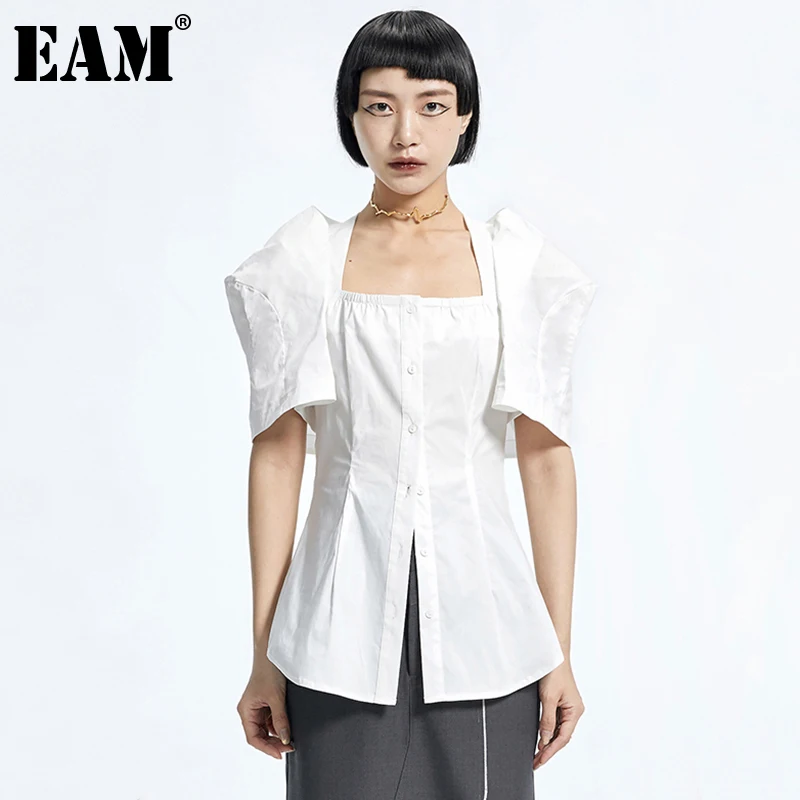 

[EAM] Женская белая блузка неправильной формы, новая рубашка свободного покроя с квадратным воротником и коротким рукавом, модная весенне-лет...