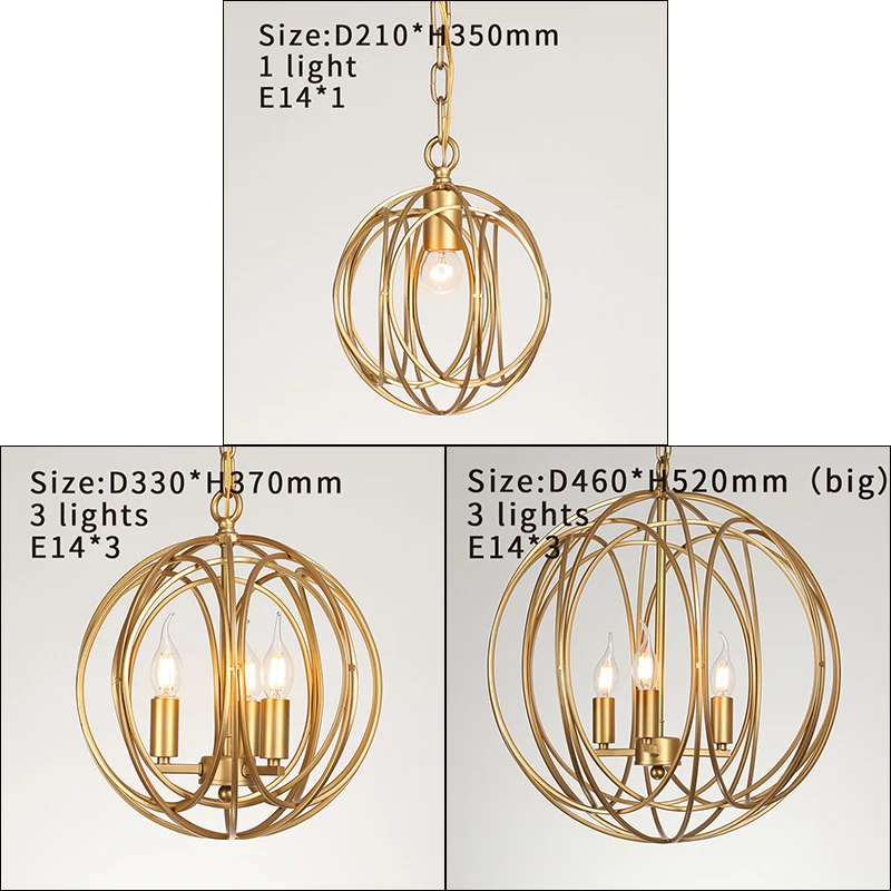 

Globe cage chandeliers round metal suspension lights sphere golden hanging lustre loft nordic kitchen lamp european modern light