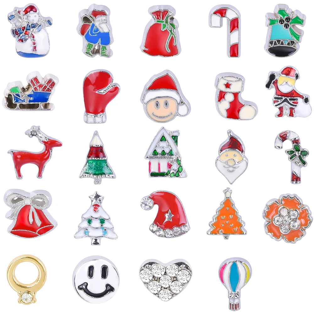 

20Pcs/Lot Christmas Santa Claus Tree Bell Ring Rhinestone Heart Floating Charms Hand-made DIY for Glass Lockets