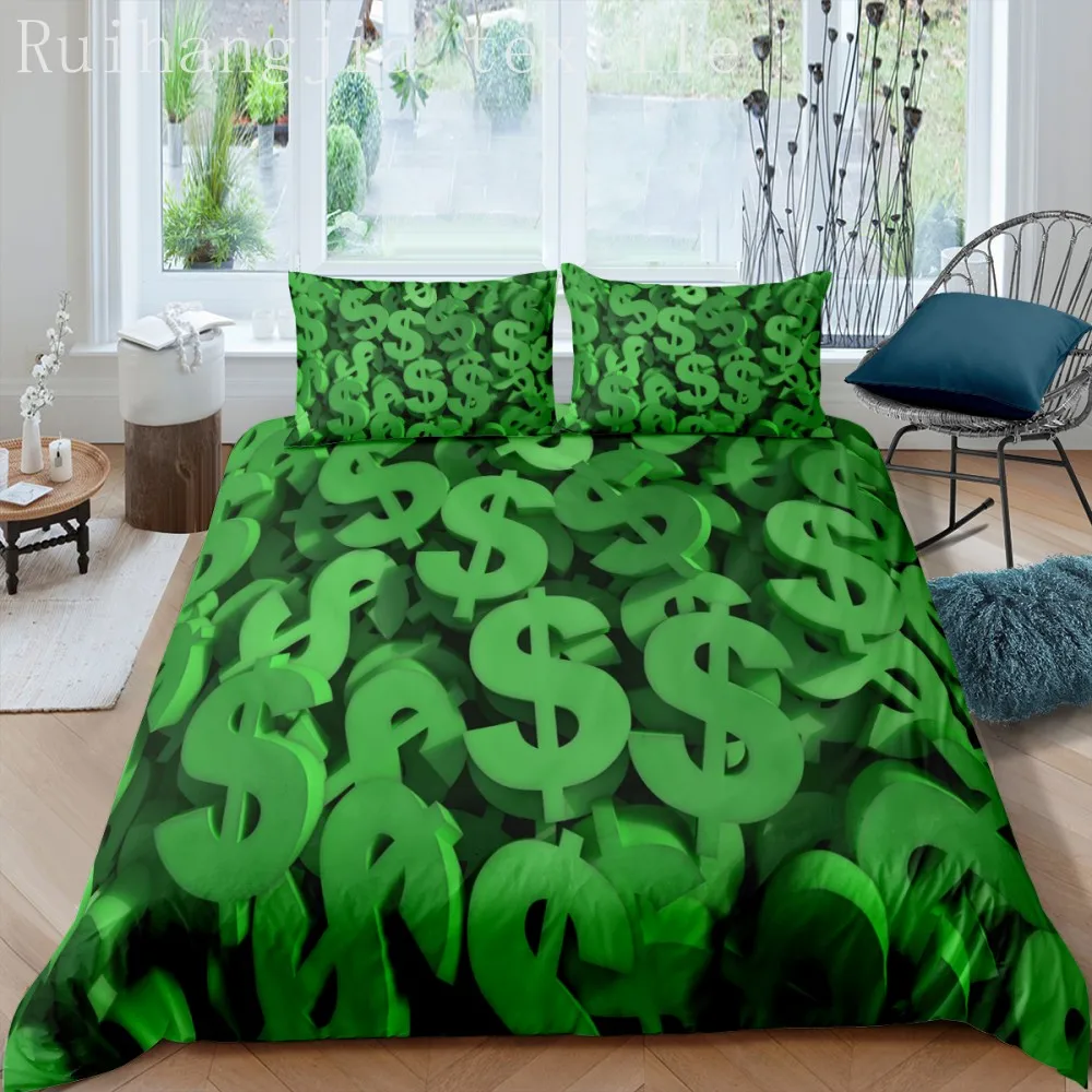

3D Printing Currency Symbol Bedding Set Bedroom Duvet Cover Set Kids Teens Bedclothes Green Home Textile Bed Set Microfiber