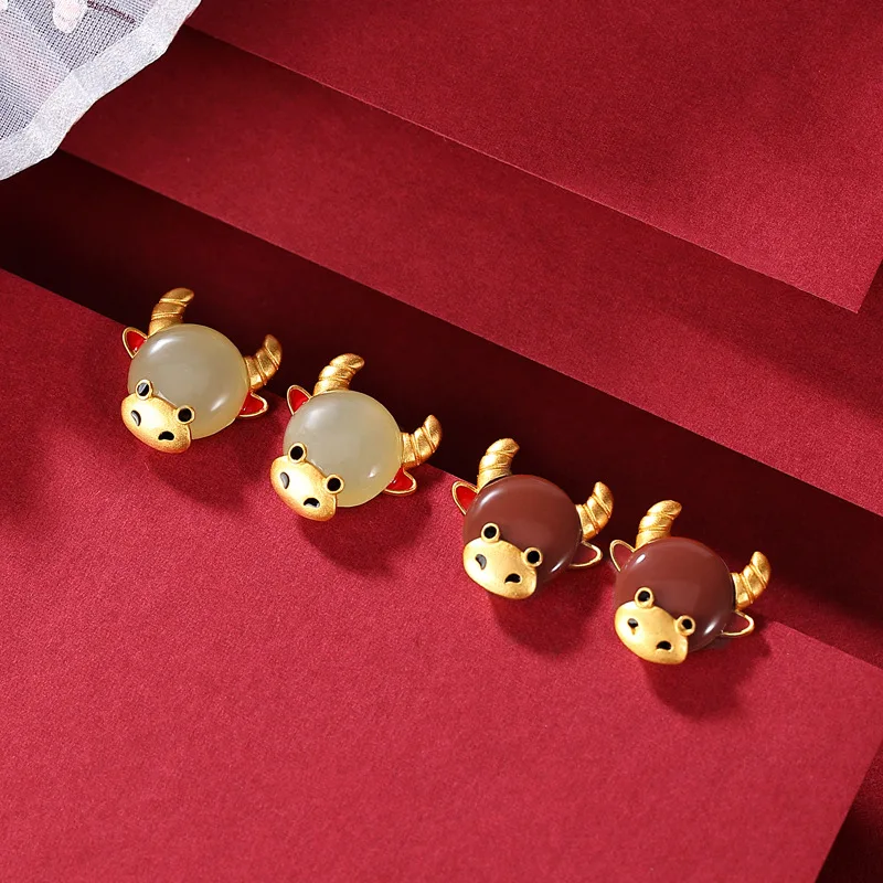 

S925 Sterling Silver Gilded Southern Red Agate Hetian Jade Stud Earring Women Earrings Special Ladies Banquet Fine Jewelry L0061