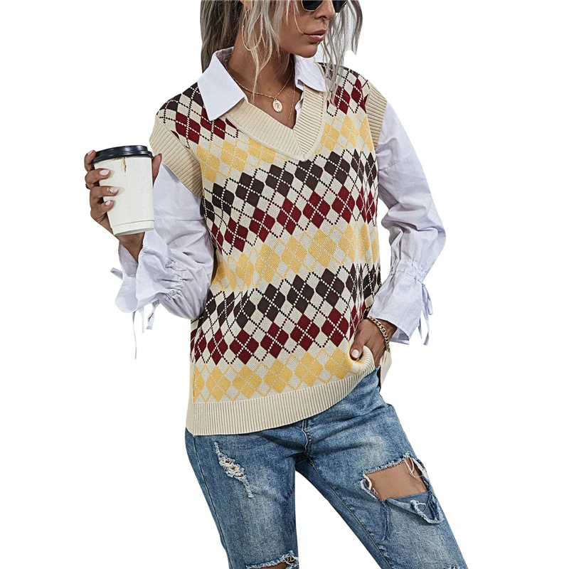 

New Womens Sweater Casual V-neck Knitted Vest Autumn Fashion Striped Pattern Loose Sleeveless Bottoming Top Ladies Sweaters