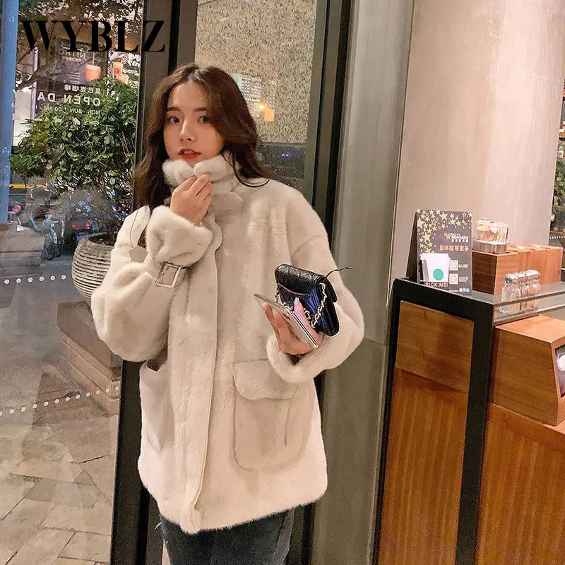 

WYBLZ Autumn Winter Imitation Mink Plush Coats Women Casual Motorcycle Leather Buckle Loose Jackets Thick Warm Fur Top Female