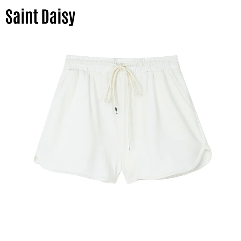 

Saintdaisy White High Waist Cotton Shorts Laced Up Biker Running for Women Workout Pockets Casual Solid Drawstring LOOSE 00510