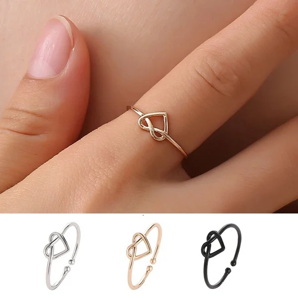 

Delysia King Women Trendy Temperament Hollow Out Heart Ring Girl Simplicity Resizable Knot Student Jewelry