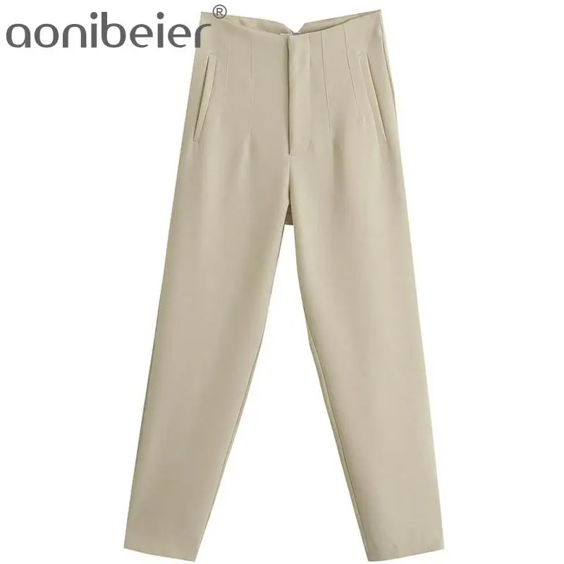 

Aonibeier Za 2021 Women Spring Trousers Suits High Waisted Pant Fashion Office Lady Beige Elegant Casual Famale Stright Pants