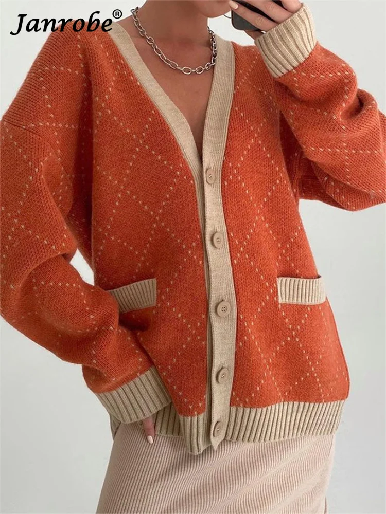 

Женский вязаный Свободный кардиган Janrobe, свитер сезона осень-зима 2021, зеленая клетчатая блузка с длинным рукавом, женский корейский модный т...