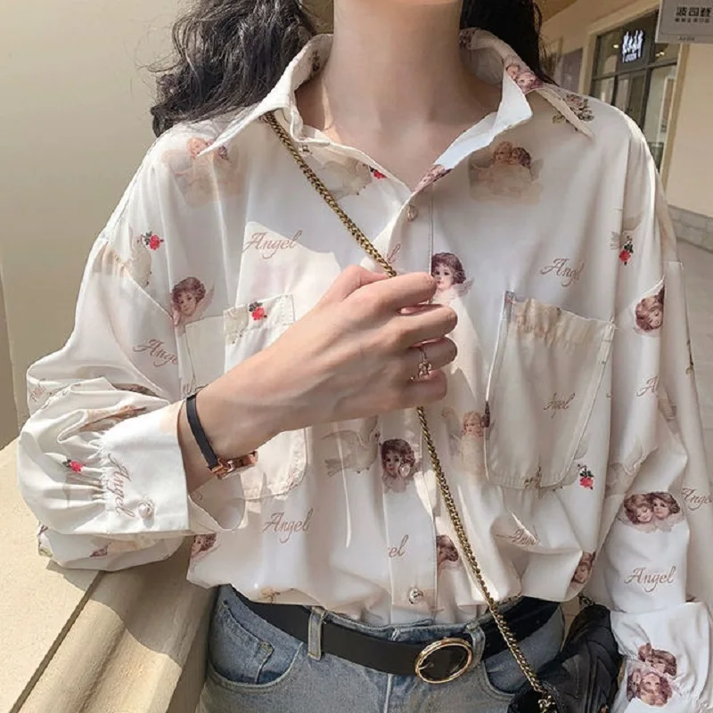 

HOUZHOU Harajuku Angel Print Women Shirt Vintage Elegant Blouses Women 2021 Kawaii Lantern Sleeve Female Shirts 90s Cute Top