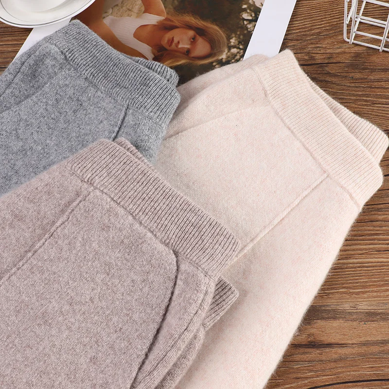 

100% Wool Women Knitted Thick Pencil Pants Pcoket Design Creases All-Match Trousers Soft Finewool Winter Must Have Casual #13X