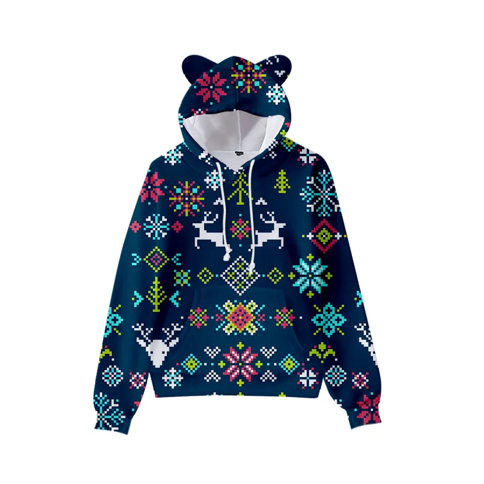 

Surprise Christmas pullover 3D printing autumn and winter children's hoodie cat ears thin fleece hooded sweater trend