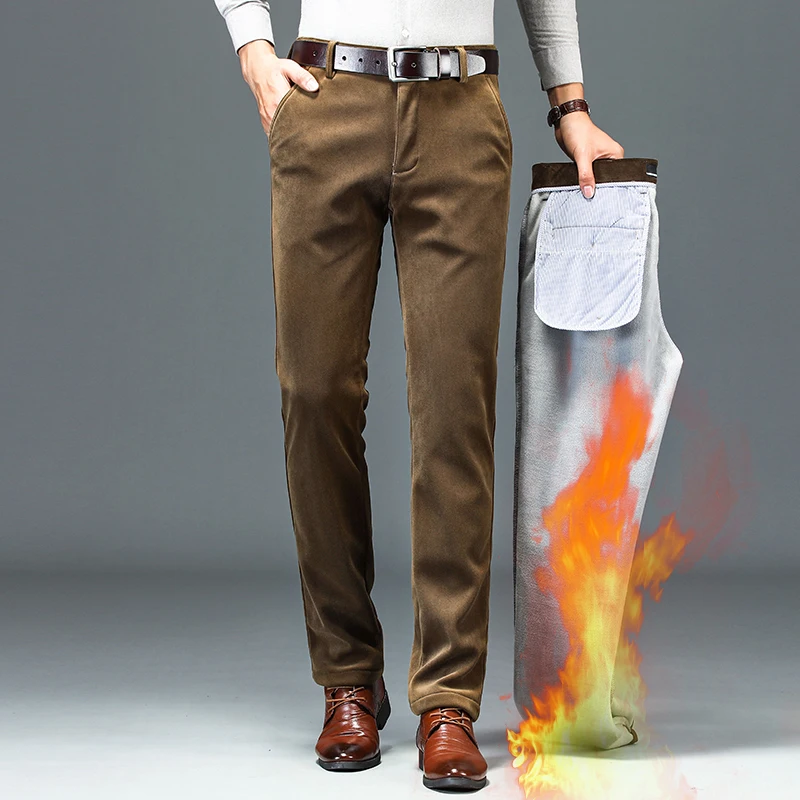 

Winter New Men's Trousers Corduroy Fabric Fleece Thickened Warmth Male Casual Business Straight-leg Pants Micro Stretch Slim