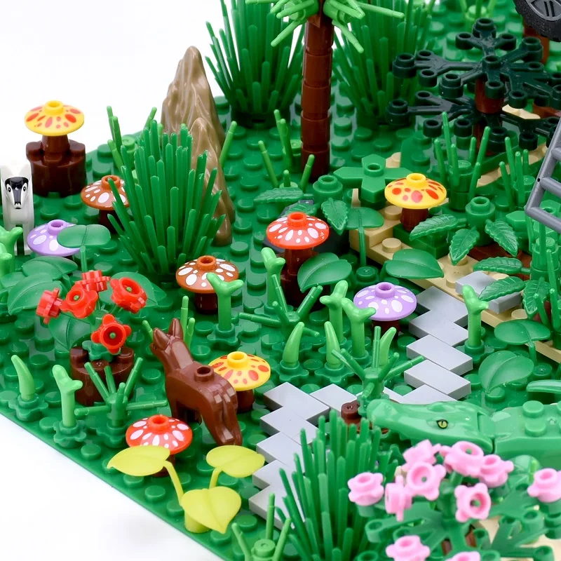 

An RV in a Wild Forest Animal Green Grass Jungle Bush Tree Plants Building Blocks DIY Assemble Compatible Baseplate Kids Toys