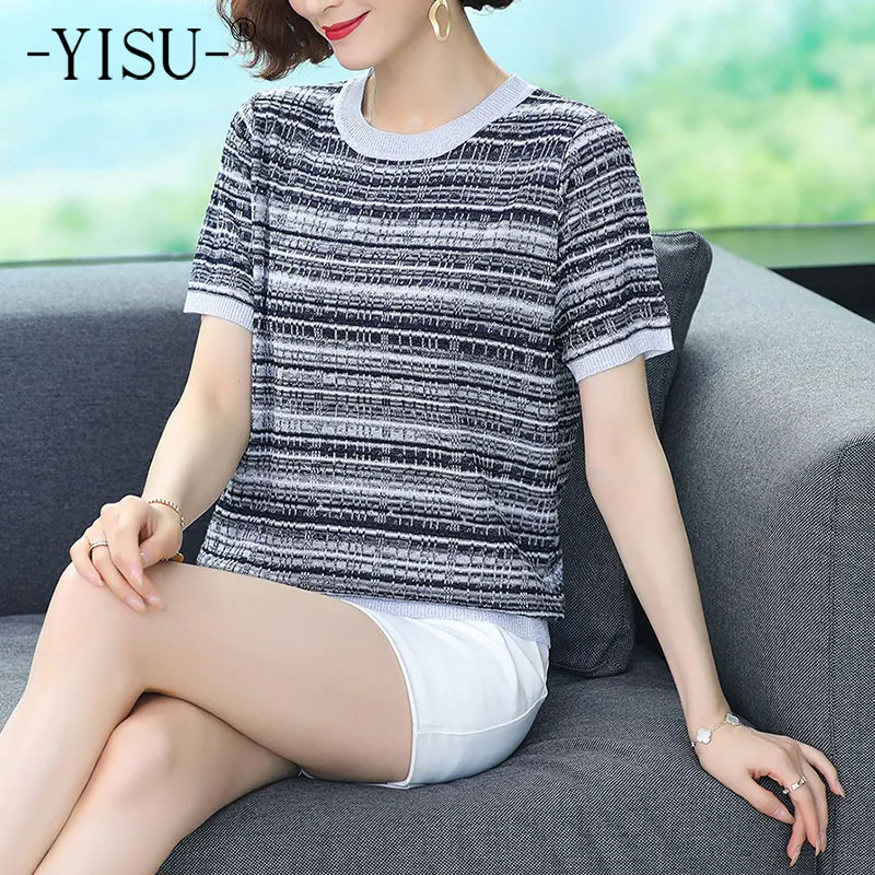

Женская одежда YISU, летний Повседневный свитер с круглым вырезом и принтом под дерево, свободные летние топы с коротким рукавом, женский тонк...