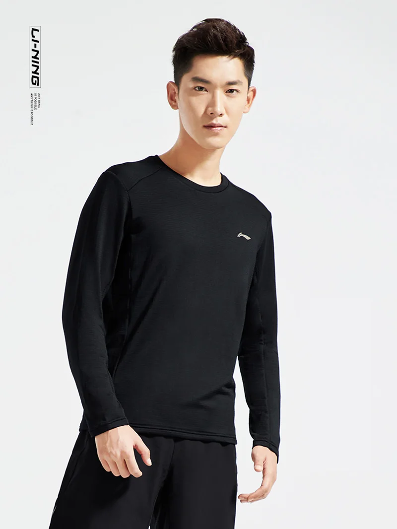 Li-Ning Мужская футболка для бега, длинный рукав, теплый корпус, 95% полиэстер, 5% спандекс, обычная посадка, подкладка, спортивные топы ATLN141 MTL996