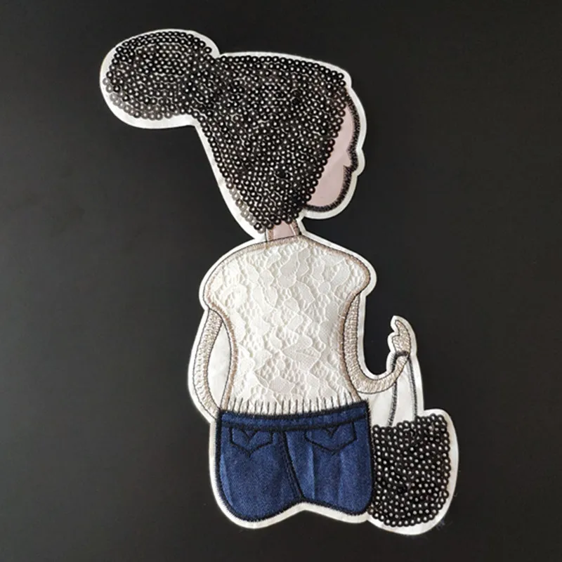 

275MM Women Patch Diy Clothes Stickers Black Sequins Large Biker Badge Sew On Patches For Clothing Strange things Christmas gift