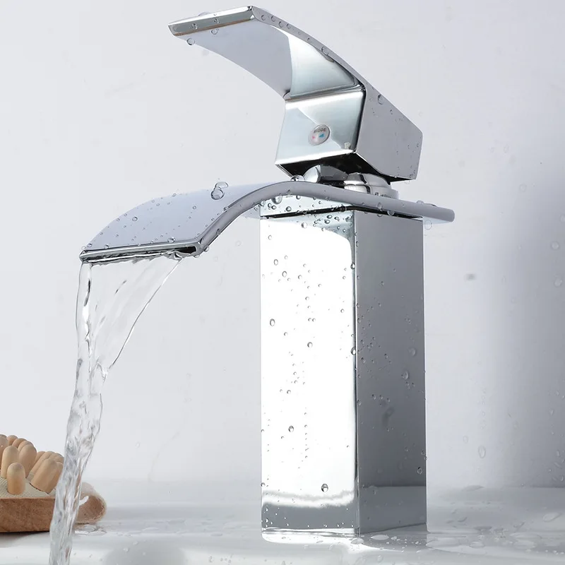 

Квадратный хромированный смеситель водопад для ванной комнаты, раковины, смеситель с одной ручкой, широкий кран для холодной и горячей воды