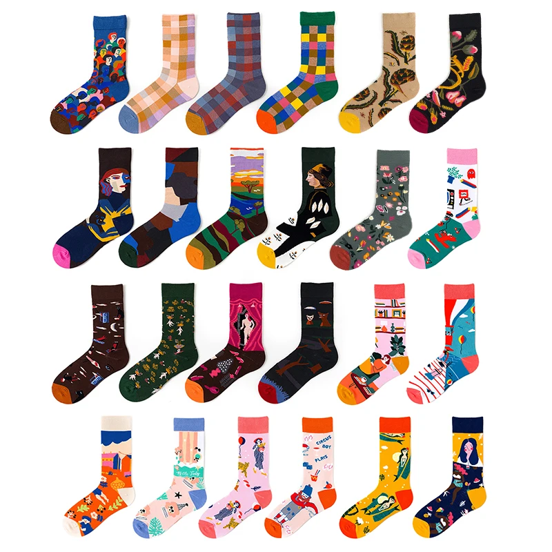 

Women Funny Men Cotton Sock Retro Abstract Painting Art Lattice Colorful Plain Novelty Skateboard Socks Personality Female Socks