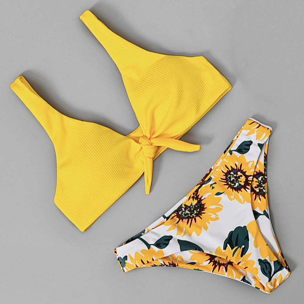 Женский купальник с принтом подсолнуха пикантный завязками спереди пуш ап