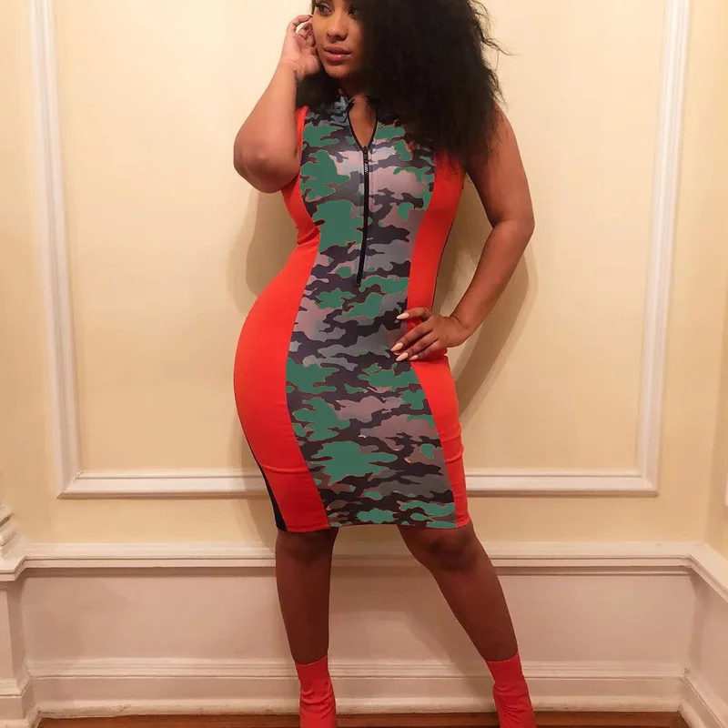 

Summer New Sexy Sleeveless Camouflage Zipper Bodycon Dress