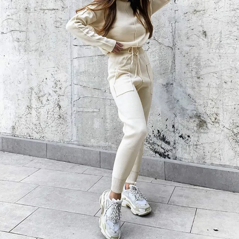 

Apricot Spring Women Tracksuit 2 Piece Set Length Streetwear New Women Sportswear Tops + Pant Ladies Fashion Solid Set Clothing