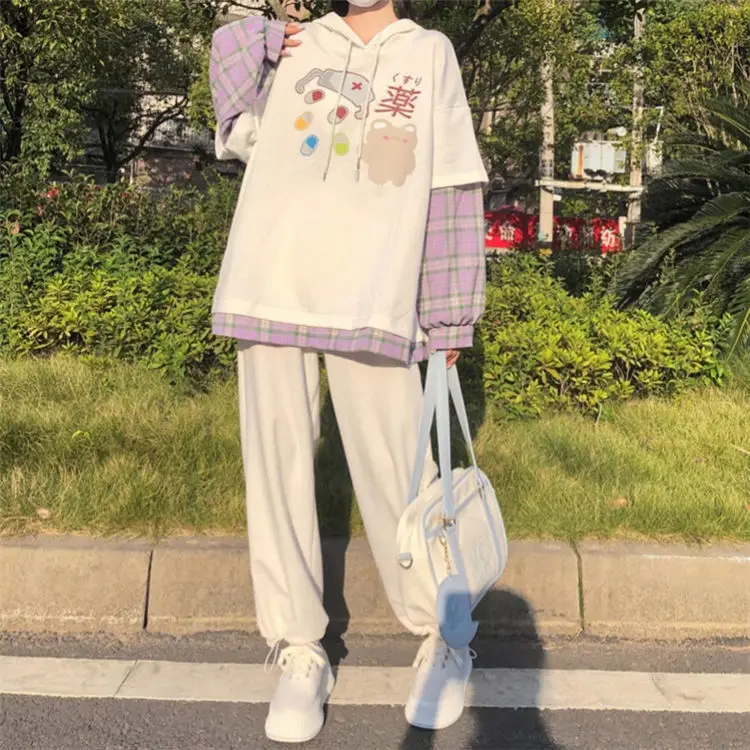Осенне-зимний костюм для девушек Корейская версия свободного кроя с капюшоном и