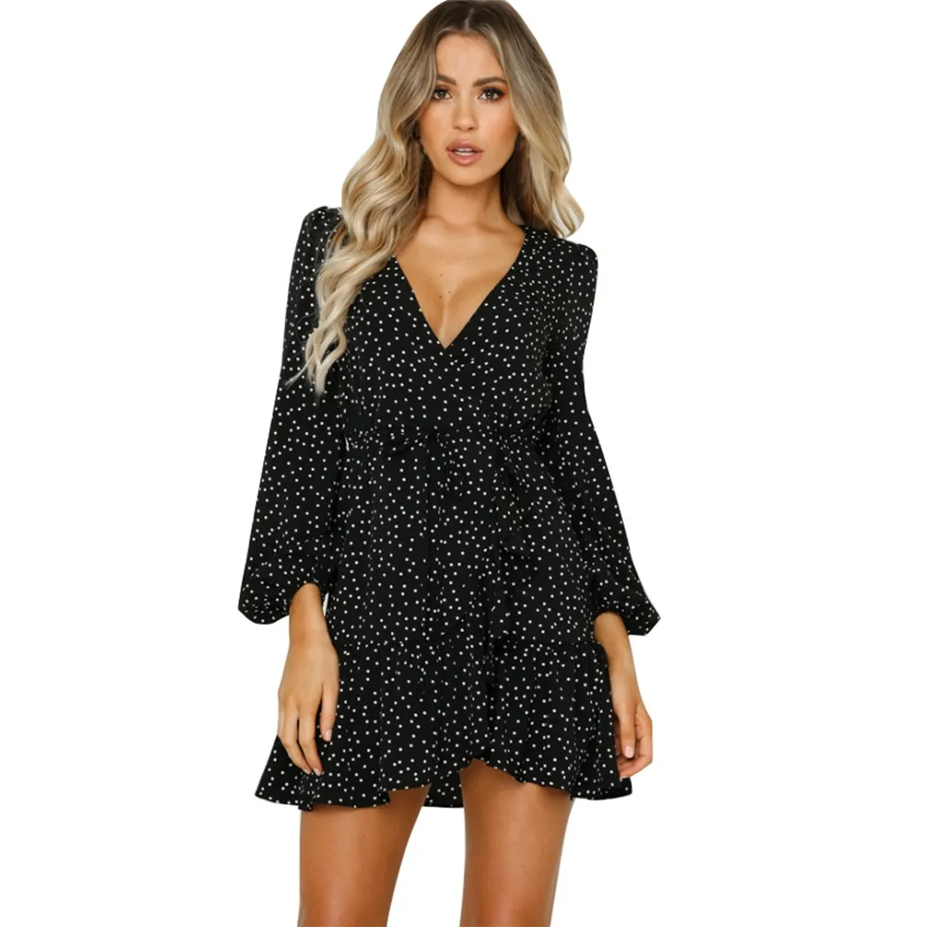 

Fashion Women's mini dress V-Neck Lantern Sleeve Polka Dot Print Ruffles female's skirt summer fashion elegant casual M*