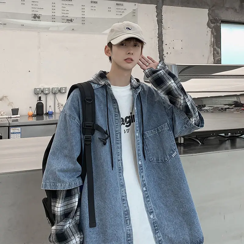 

Autumn Korean Plaid Denim Jacket Men's Fashion Retro Casual Denim Jackets Mens Streetwear Loose Hip-hop Bomber Jacket Men M-2XL