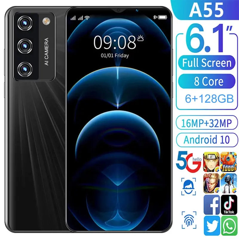 

A55 6.1 Inch 6+128gb 16+32mp Andriod 10 Cellphone 8 Core Mtk6889 Fingerprint Face Id 5000mah Smartphones