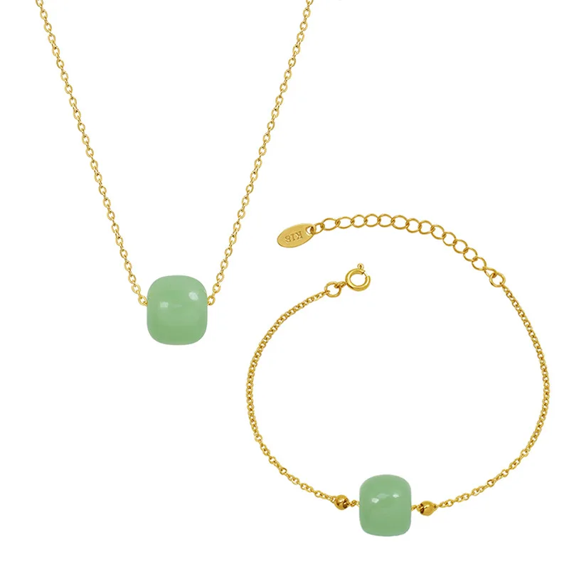 Vintage Green Stone Pendant Necklace Women Neck Chain Jewelry Gold Color Stainless Steel Necklaces Woman Bracelet Accessories | Украшения и