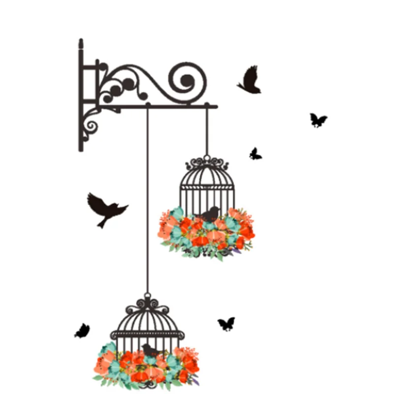 

Cartoon Colorful Flower and Bird Cage PVC Wall Stickers for Kids Room Home Decoration