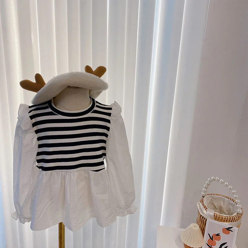 

Children's Shirt Girls Autumn New Thin Cotton Bubble Sleeve Lace Patchwork Long Sleeve Top Fashion