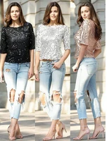 new sequin stitching loose casual t shirt stretch large size shirt