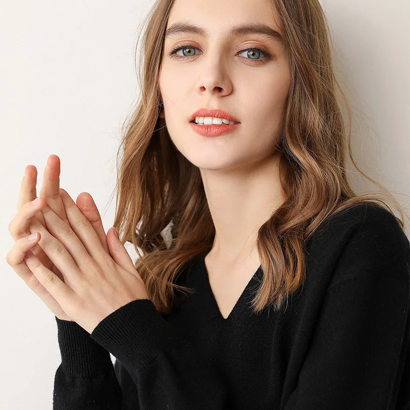 Женский вязаный пуловер однотонный свободный свитер с v-образным вырезом и