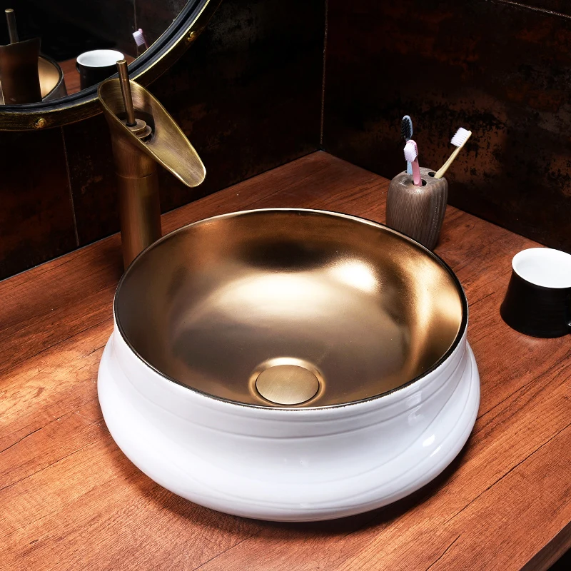 

Rose gold Europe Artistic Painting Porcelain Art Countertop Ceramic wash basin Bathroom Vessel Sinks Vanities bathroom bowl sink
