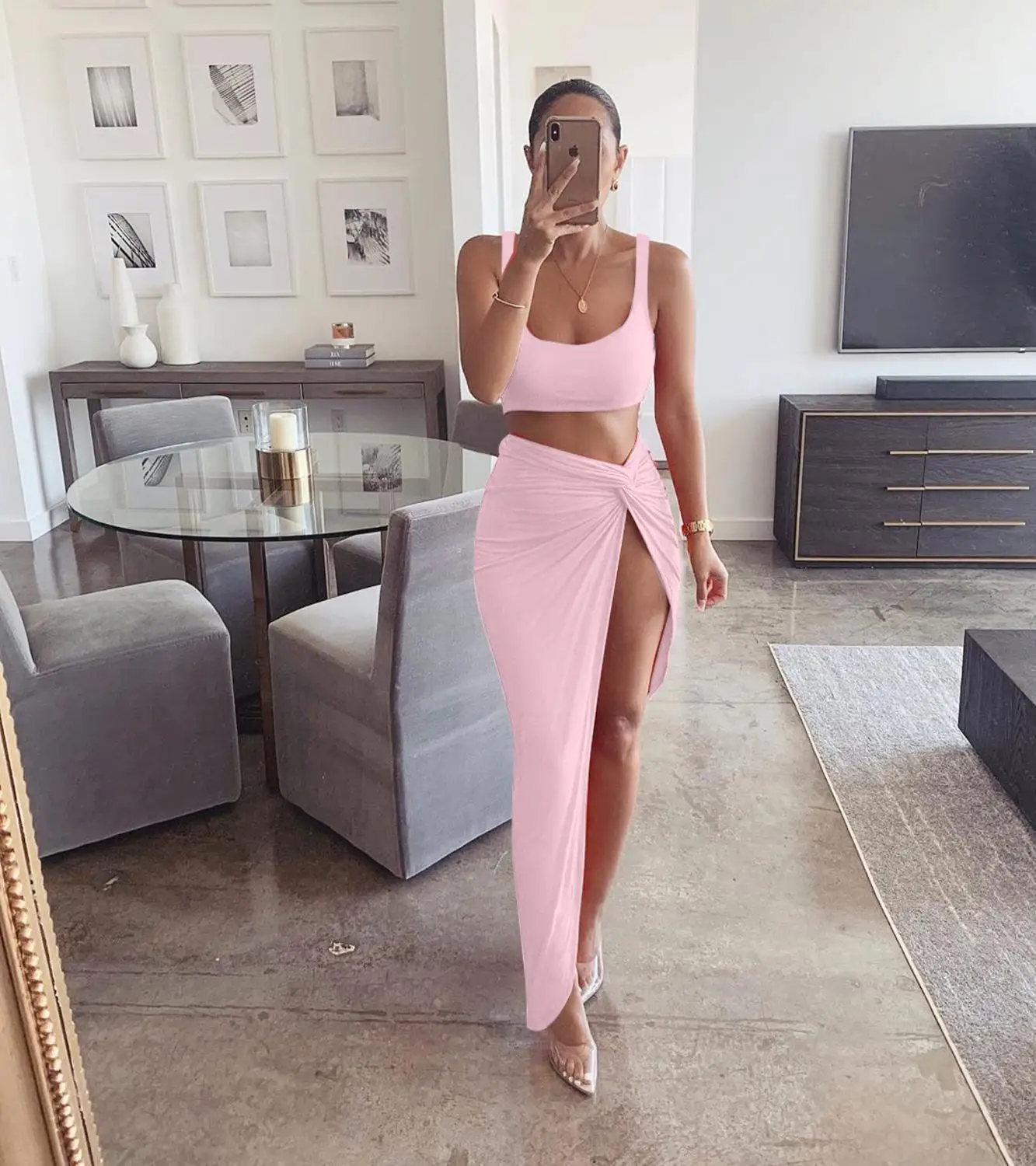 

2020 hottest selling style new fashion elegant trend sling tube top mid-length solid color high slit ladies two-piece suit