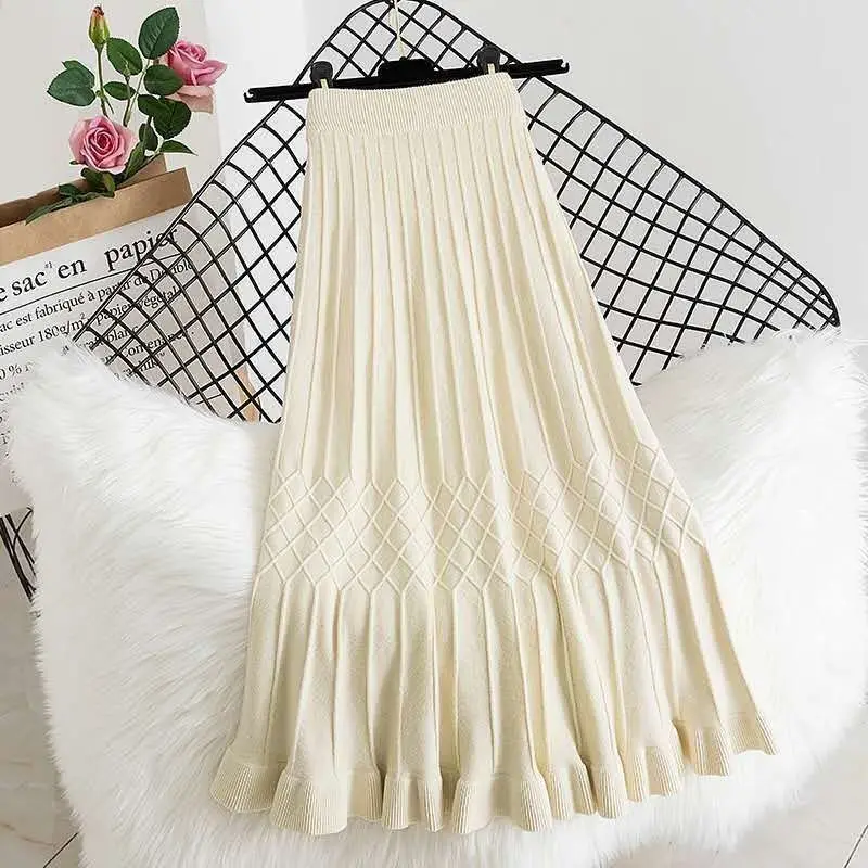 

Женская трикотажная юбка до середины икры, длинная Плиссированная юбка с высокой талией в Корейском стиле на осень и зиму, X19