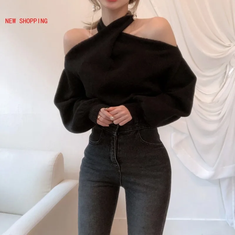 

2021 Autumn Women Chic Pullovers Xmas Off Shoulder Sexy Halter Knit Sweater Looser Lantern Sleeve Weater Female Top Jumper Red