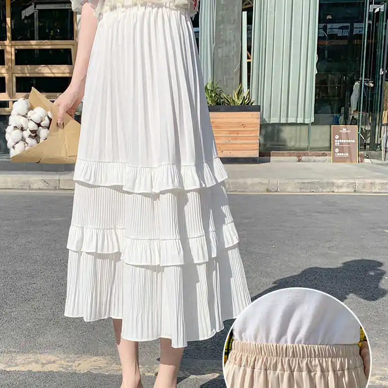 

Pleated cake skirt mid length high waist 2021 spring and summer cover crotch show thin white A-line skirt student skirt girl