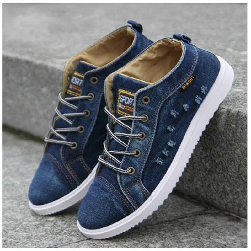 

British Style Fashion Vintage Denim Jean Canvas Shoes Men High-top Casual Man Ankle Boots Flat Shoes Usual School Footwear