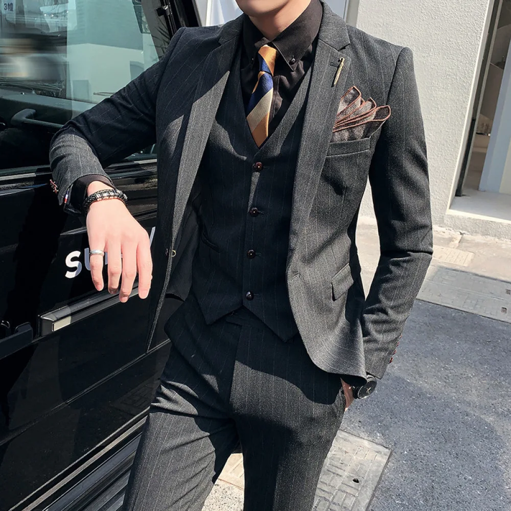 

( Jackets + Vest + Pants ) 2020 New Male Boutique Striped Business Casual Suit Three Piece Sets Groom Wedding Ternos Masculine