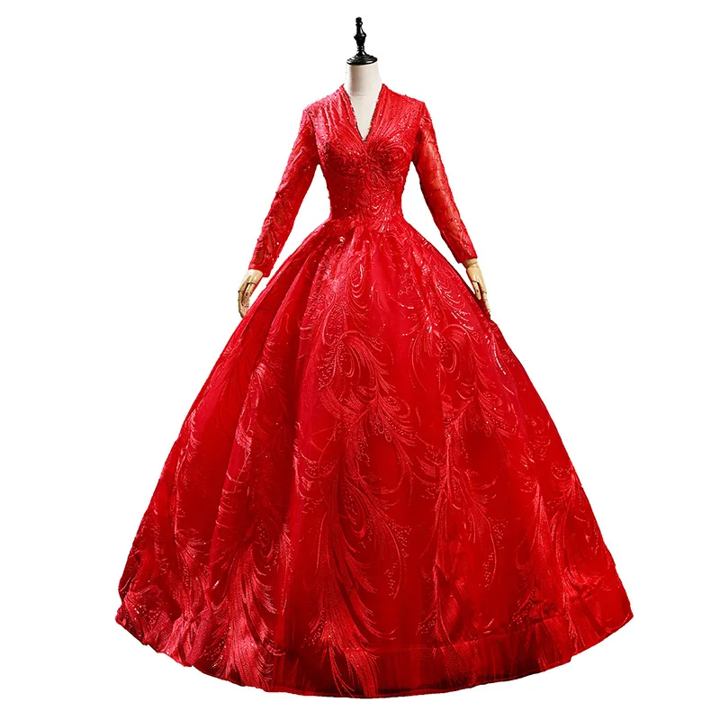 

Wedding Dress 2021 New Vestido De Noiva Long Sleeve Sexy V-neck Floor-length Lace Up Ball Gown Princess Vintage Robe De Mariee